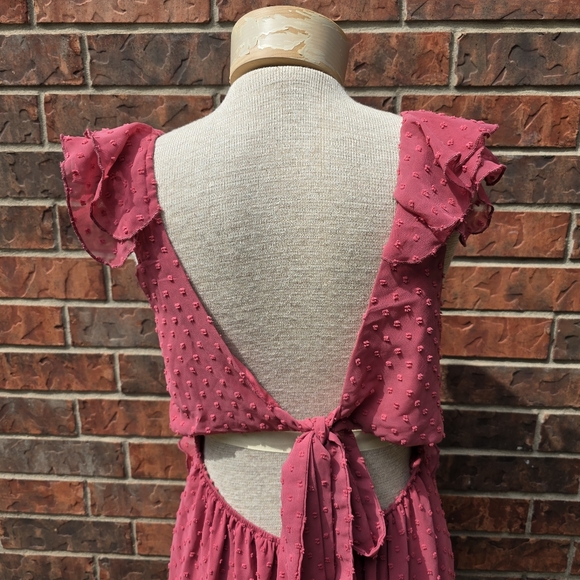 Francescas Ruffle Strap Clipdot Maxi Dress Rose Cutout Sleeveless Ruffle Sz L - Picture 7 of 14